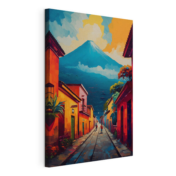 Peinture d'une rue avec des bâtiments et une montagne en arrière-plan Tableaux Peinture d'une rue avec des bâtiments et une montagne en arrière-plan