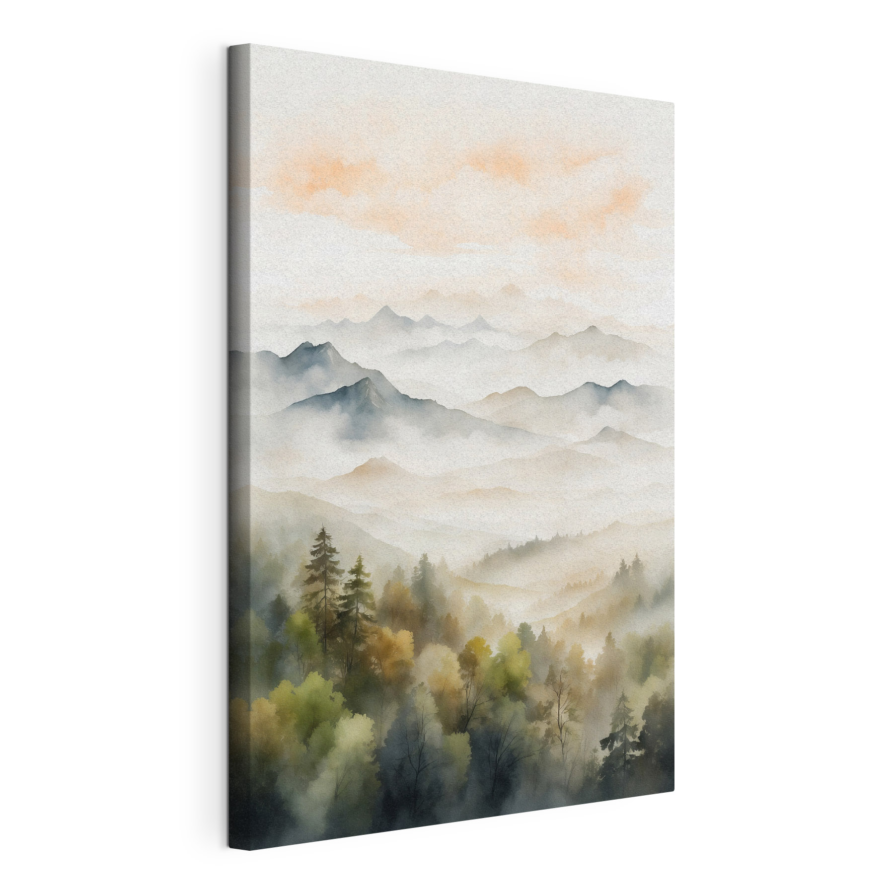 Watercolor painting of mountains and trees
