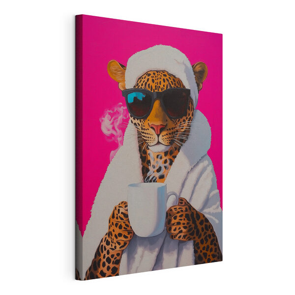 Tableaux Peinture d'un léopard portant une robe et des lunettes de soleil et tenant une coupe