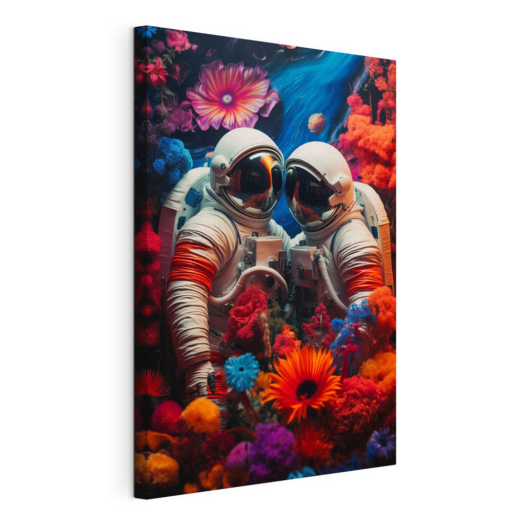 Two astronauts in space suits and flowers