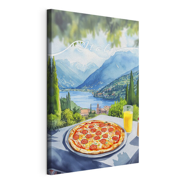 Tableaux Pizza et jus de fruits sur une table avec des montagnes et des arbres