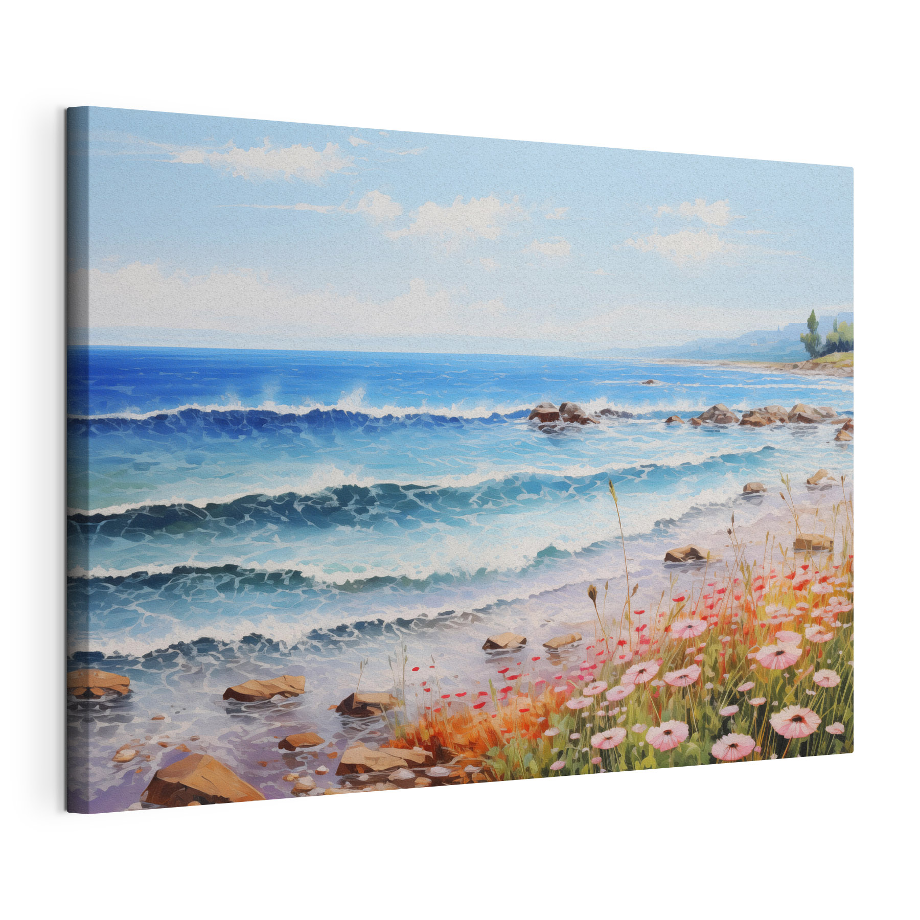 Painting of a beach with flowers and waves Painting of a beach with flowers and waves