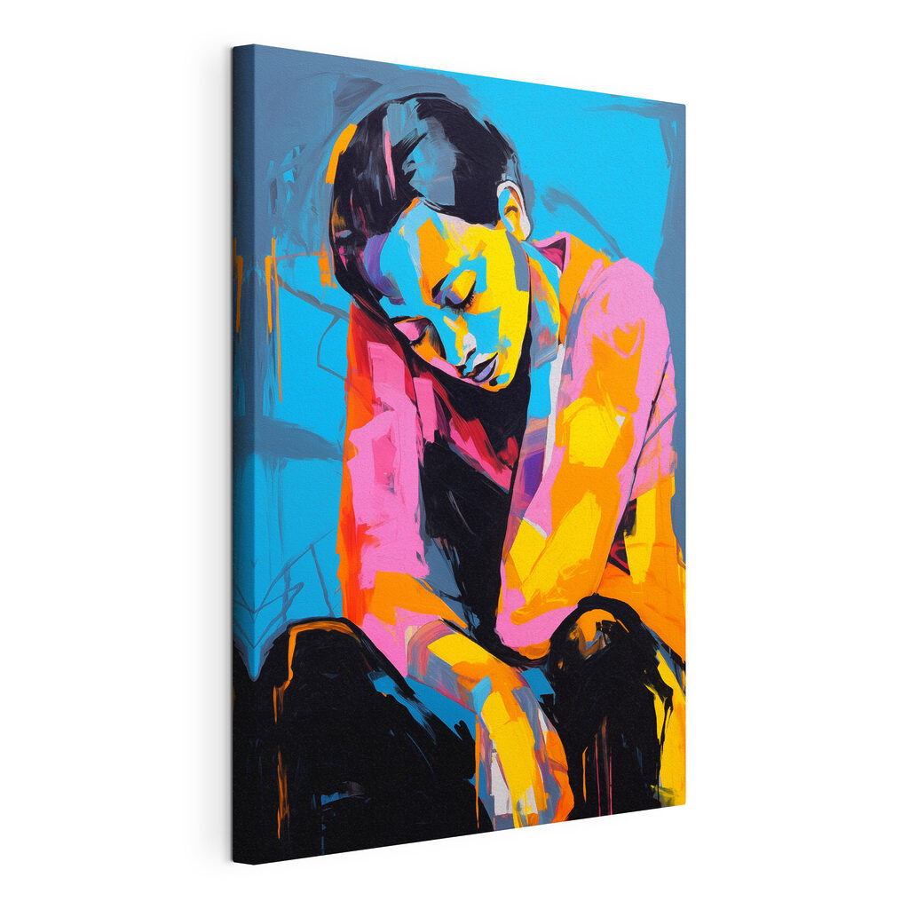 Painting of a woman with her head on her knees