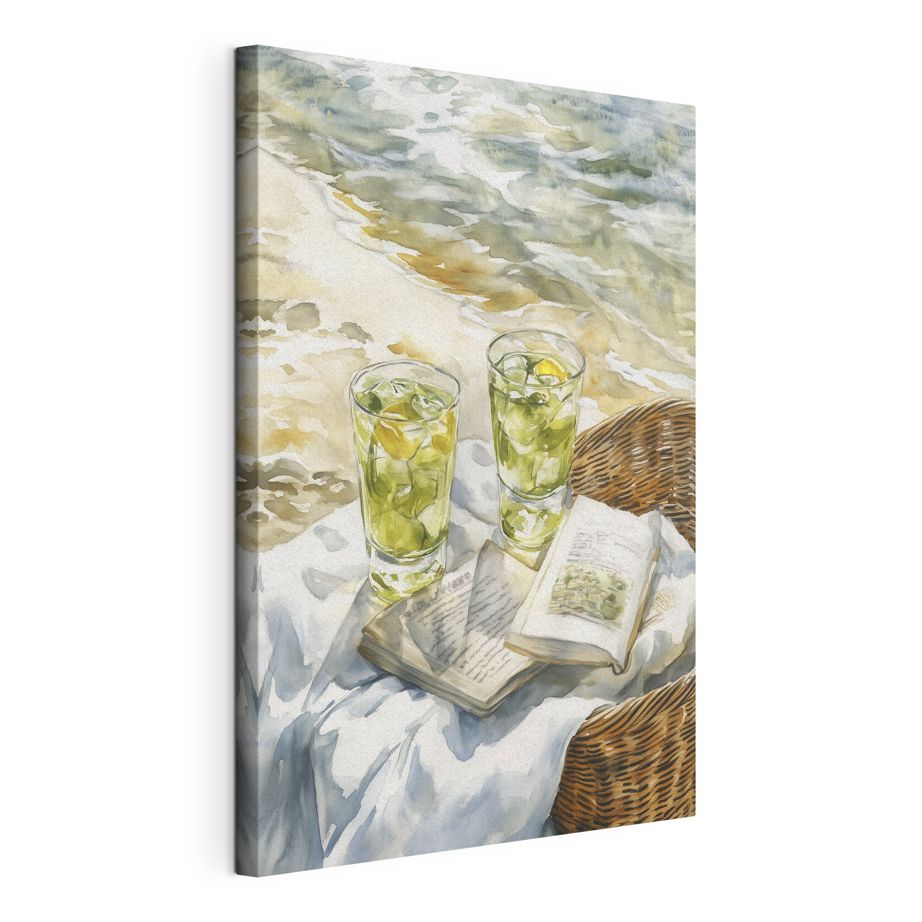 Watercolor painting of two glasses of ice tea and a book on a blanket on a beach