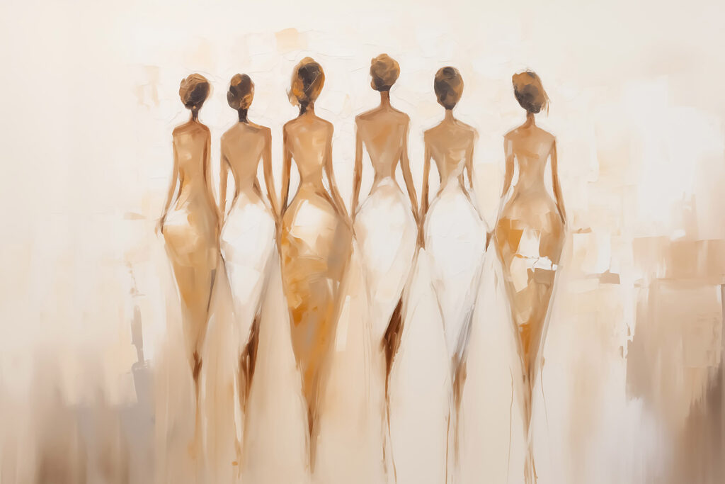 Painting of a group of women in white dresses Painting of a group of women in white dresses