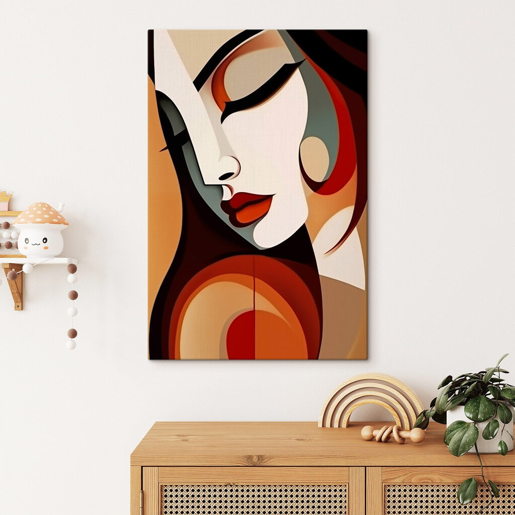 Woman's face with red lips and black hair