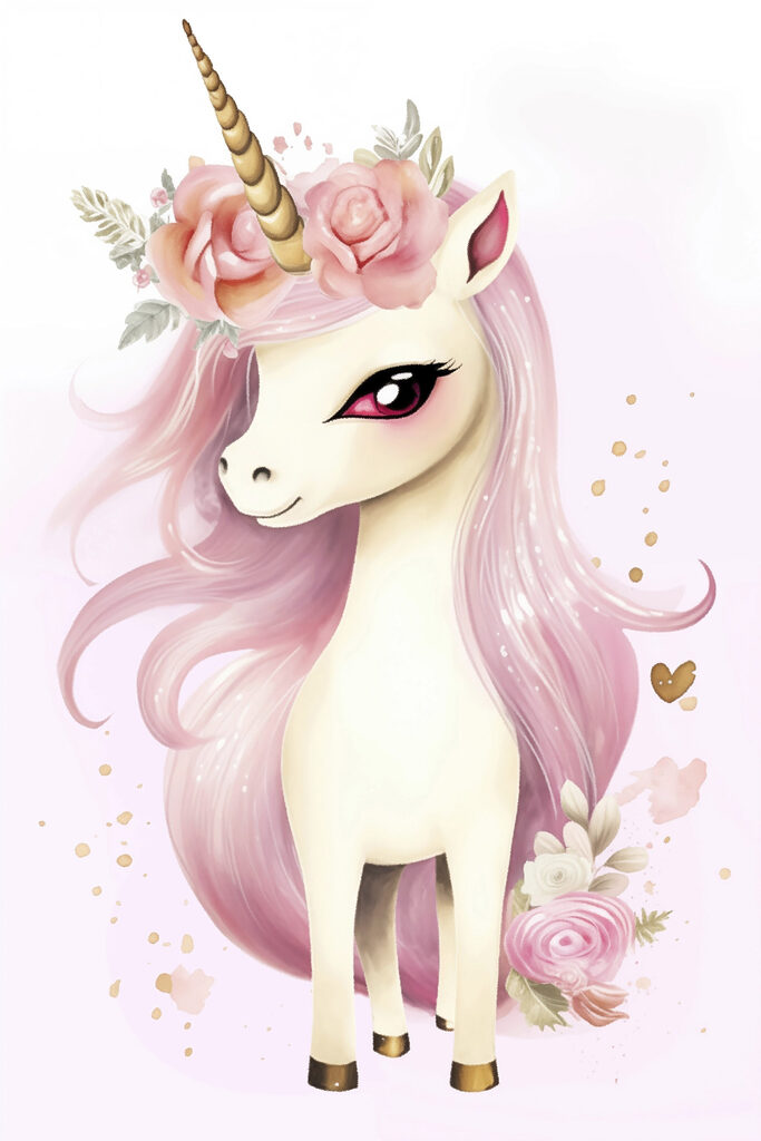 Unicorn with pink hair and flowers