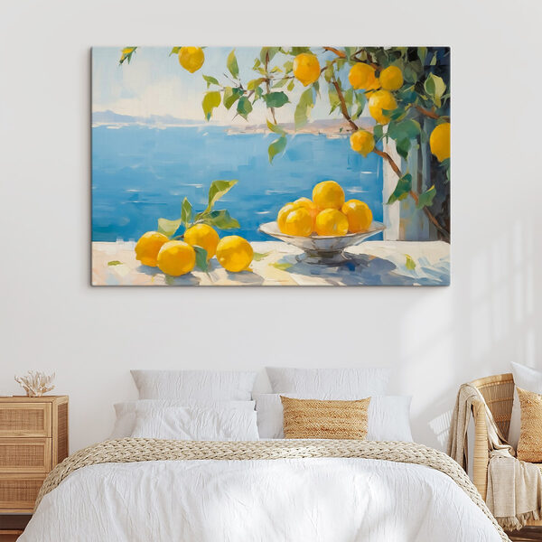 Tableaux Un bol de citrons posé sur une table près d'un arbre
