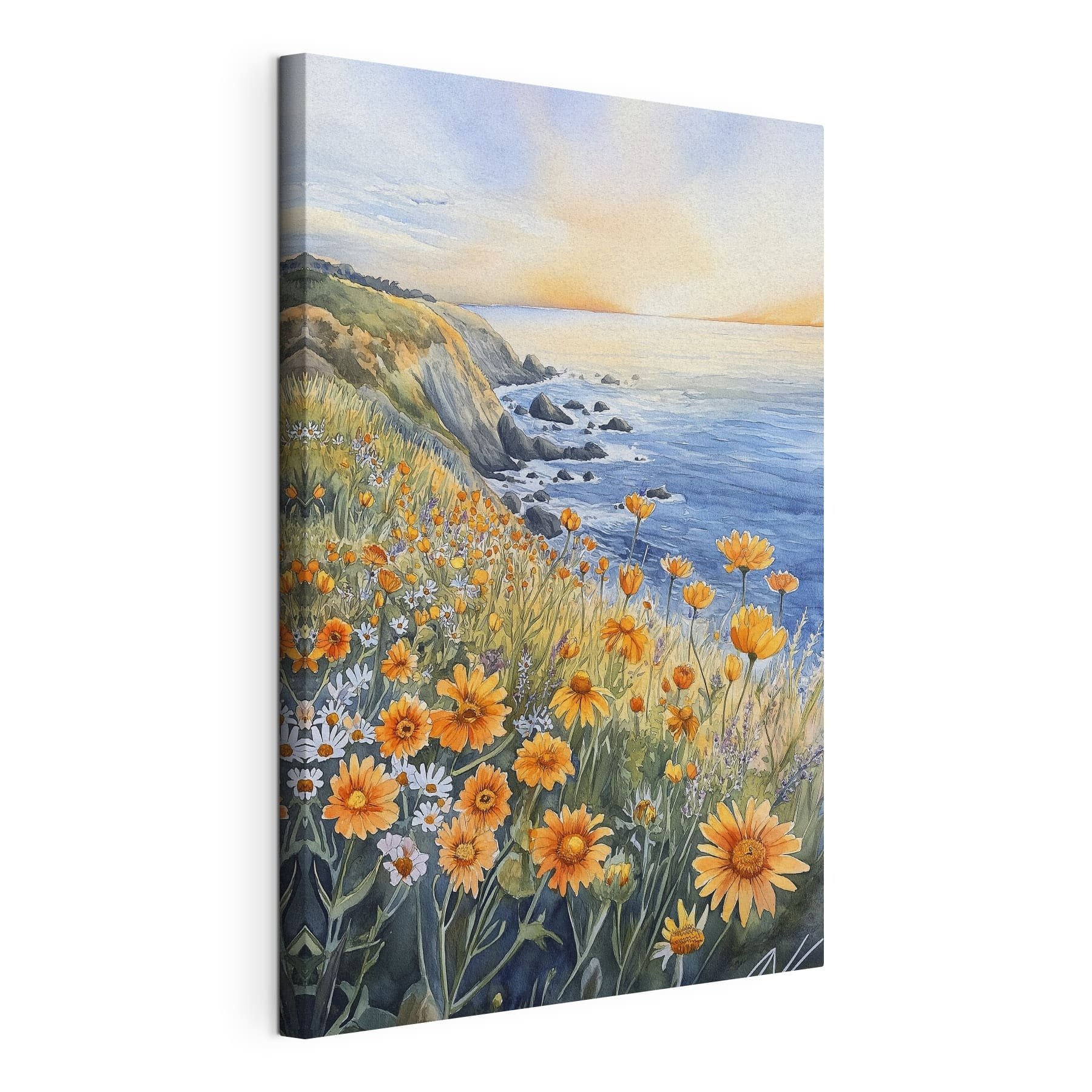 Painting of flowers on a cliff by the ocean