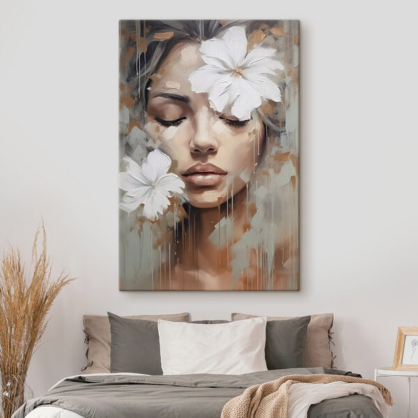 Painting of a woman with white flowers on her head