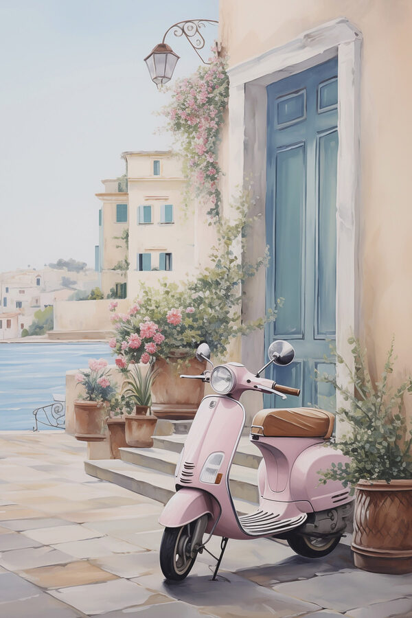 Pink scooter parked on a stone sidewalk next to a door