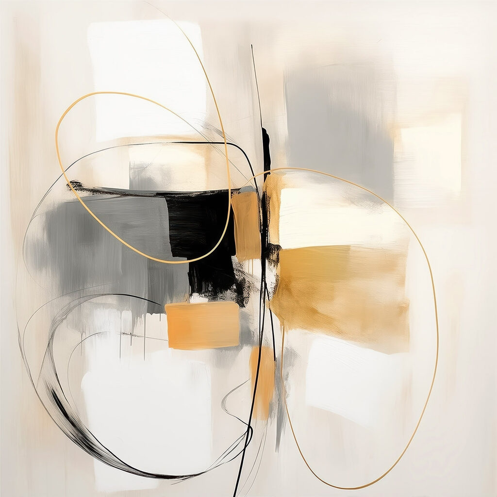 Painting of a white wall with black and yellow circles and lines