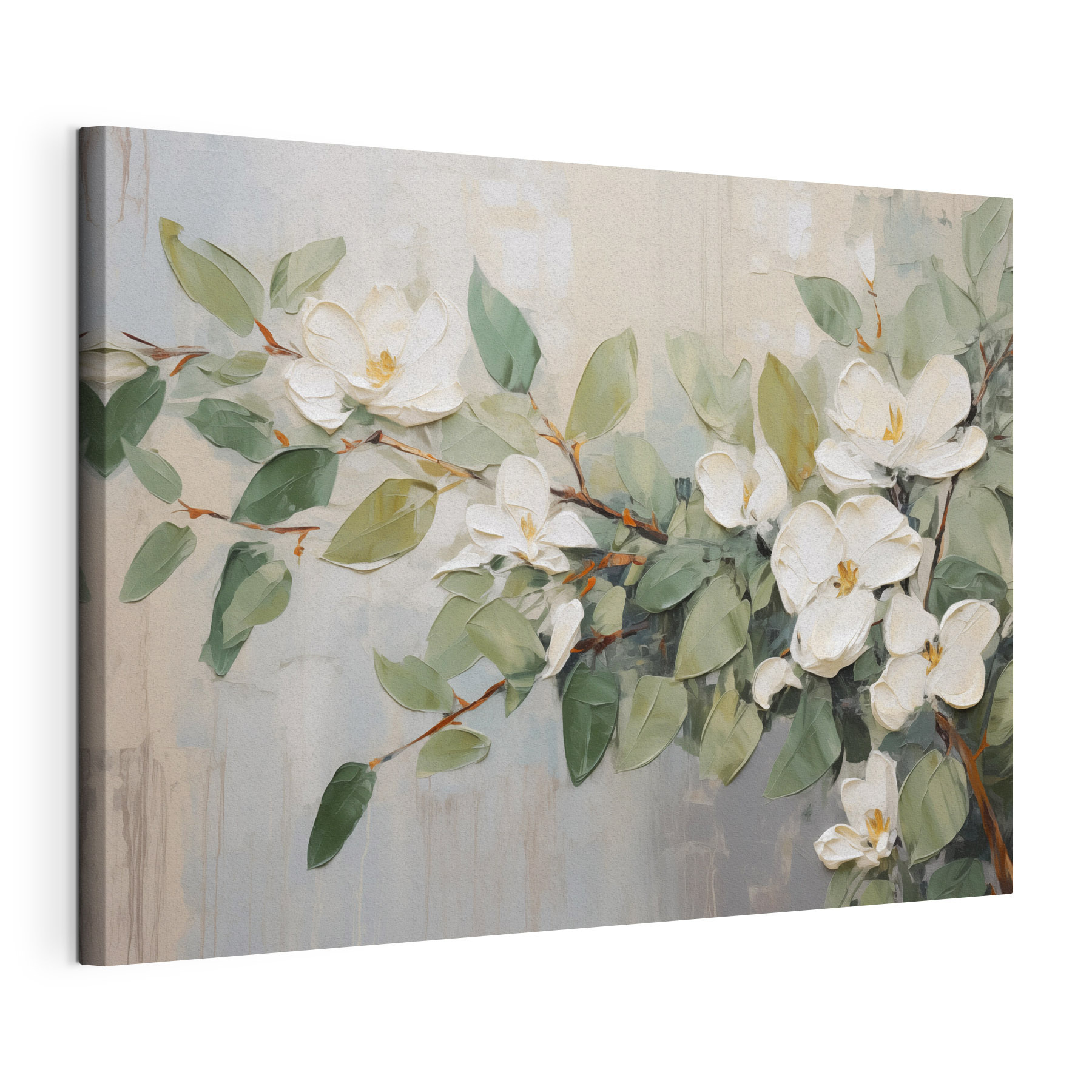 Painting of white flowers and green leaves Painting of white flowers and green leaves