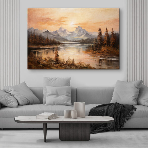 Painting of a lake with mountains in the background