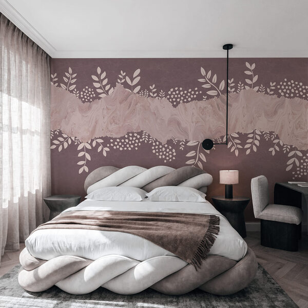 Fond violet et blanc orné de feuilles et de fleurs