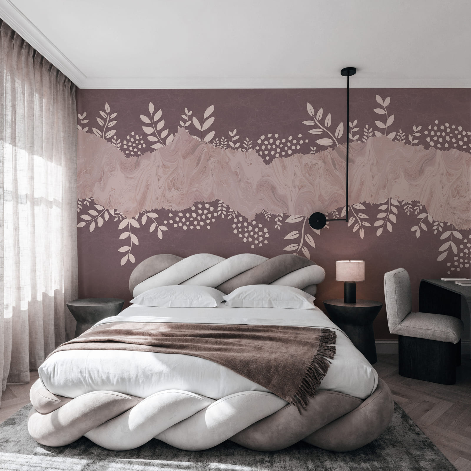 Fond violet et blanc orné de feuilles et de fleurs