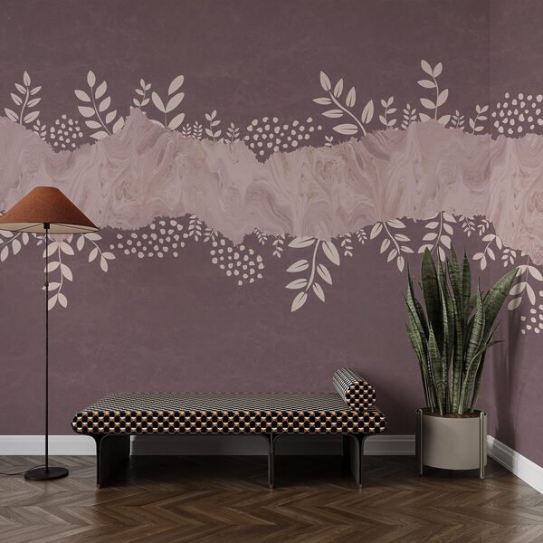 Fond violet et blanc orné de feuilles et de fleurs
