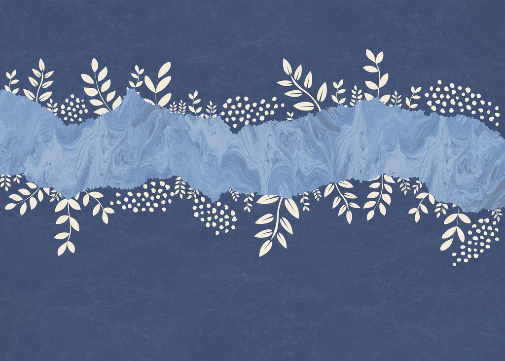 Blue and white background with white leaves and dots