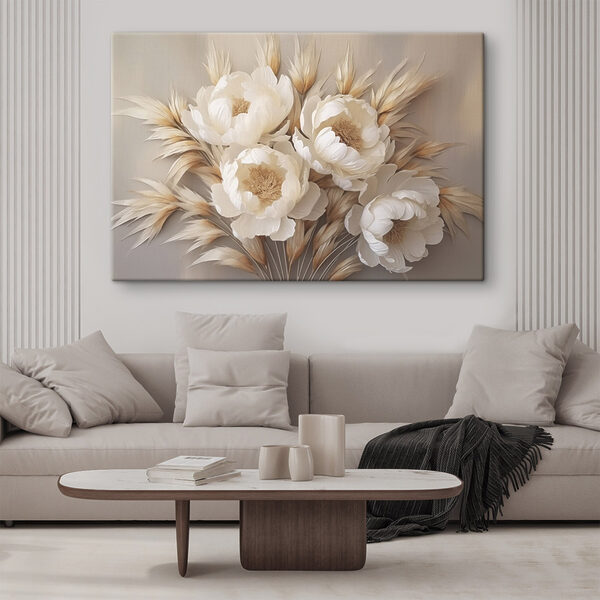 Tableaux Composition de fleurs blanches et de feuilles brunes