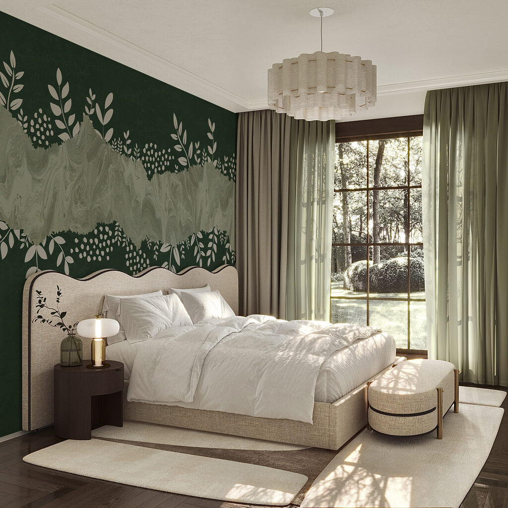 Fond vert et blanc orné de feuilles et de fleurs blanches