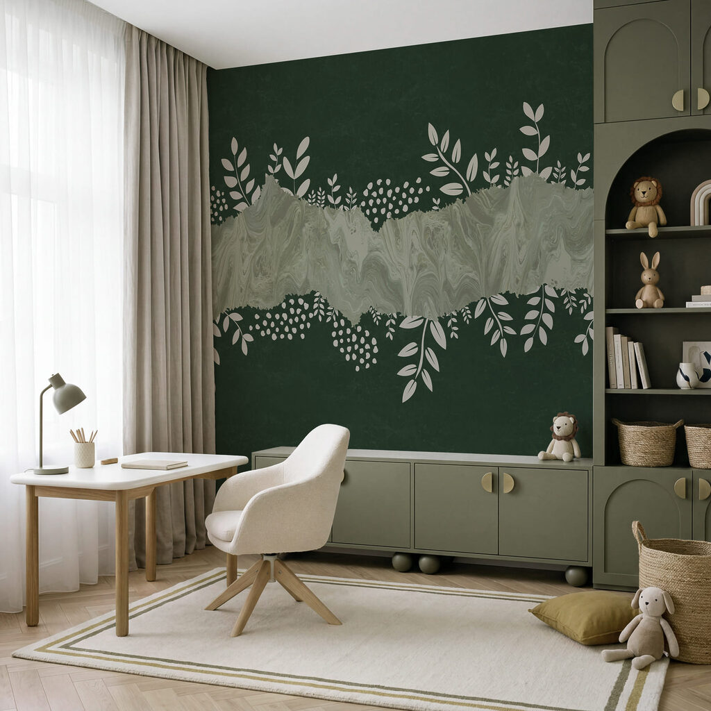 Fond vert et blanc orné de feuilles et de fleurs blanches