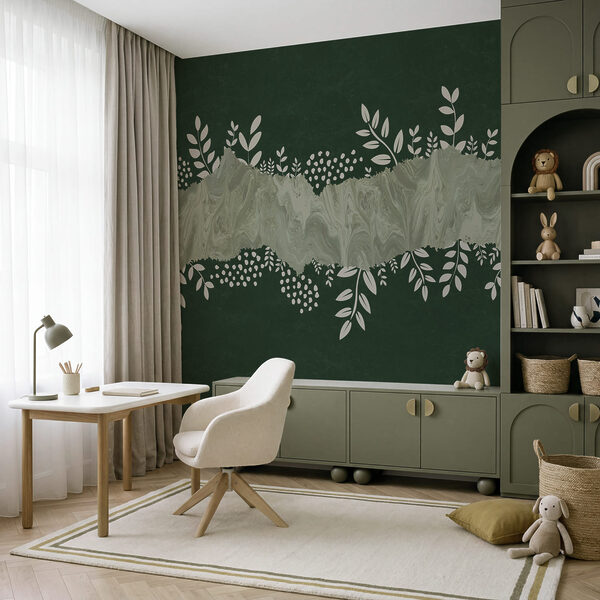 Fond vert et blanc orné de feuilles et de fleurs blanches