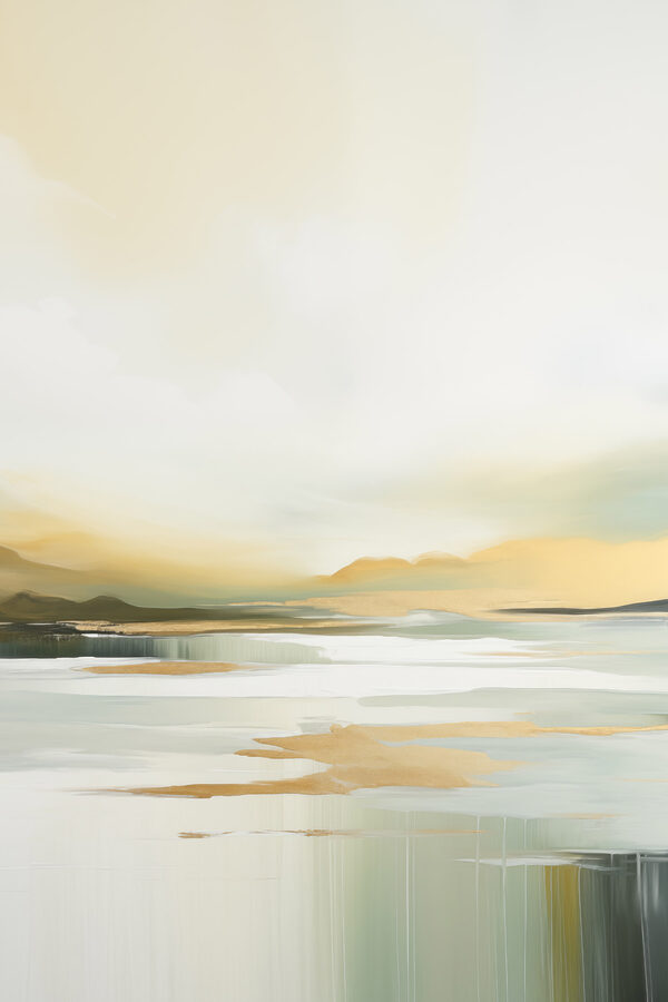 Painting of a lake with mountains in the background