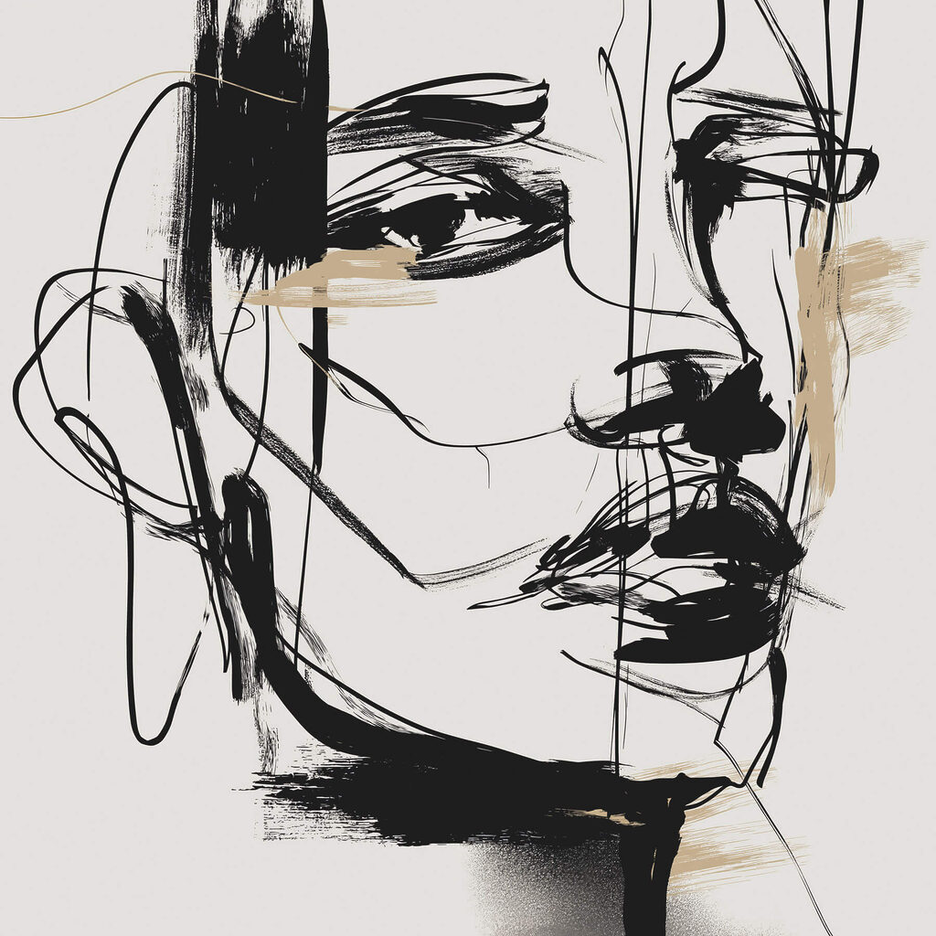 Black and white drawing of a woman's face