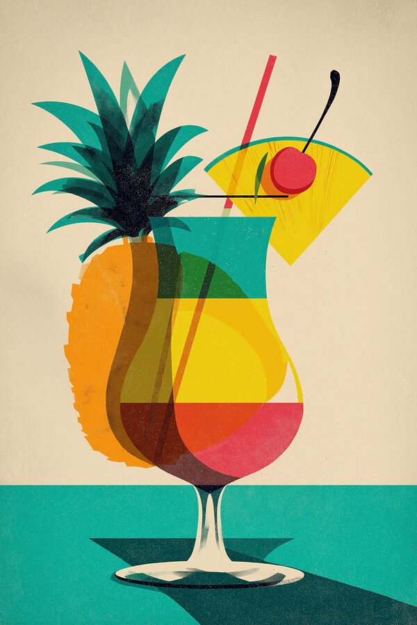 Colorful cocktail with a pineapple and a straw