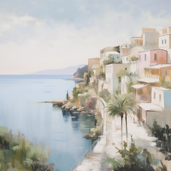 Watercolor painting of a town by the sea