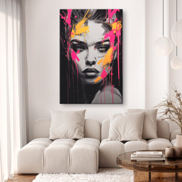 Painting of a woman with pink and yellow paint on her face