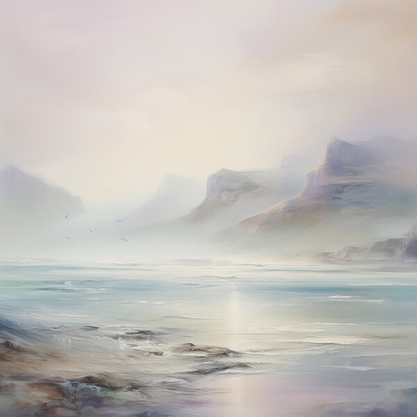 Painting of a landscape with mountains and water