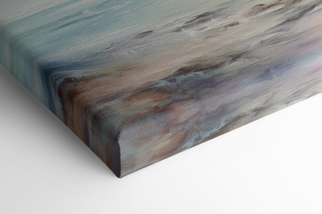 Painting of a landscape with mountains and water