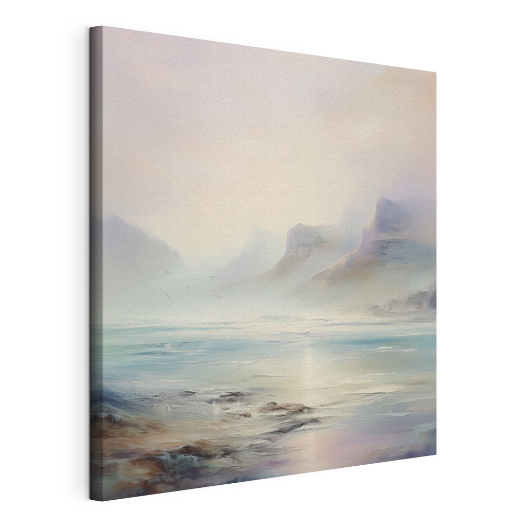 Painting of a landscape with mountains and water