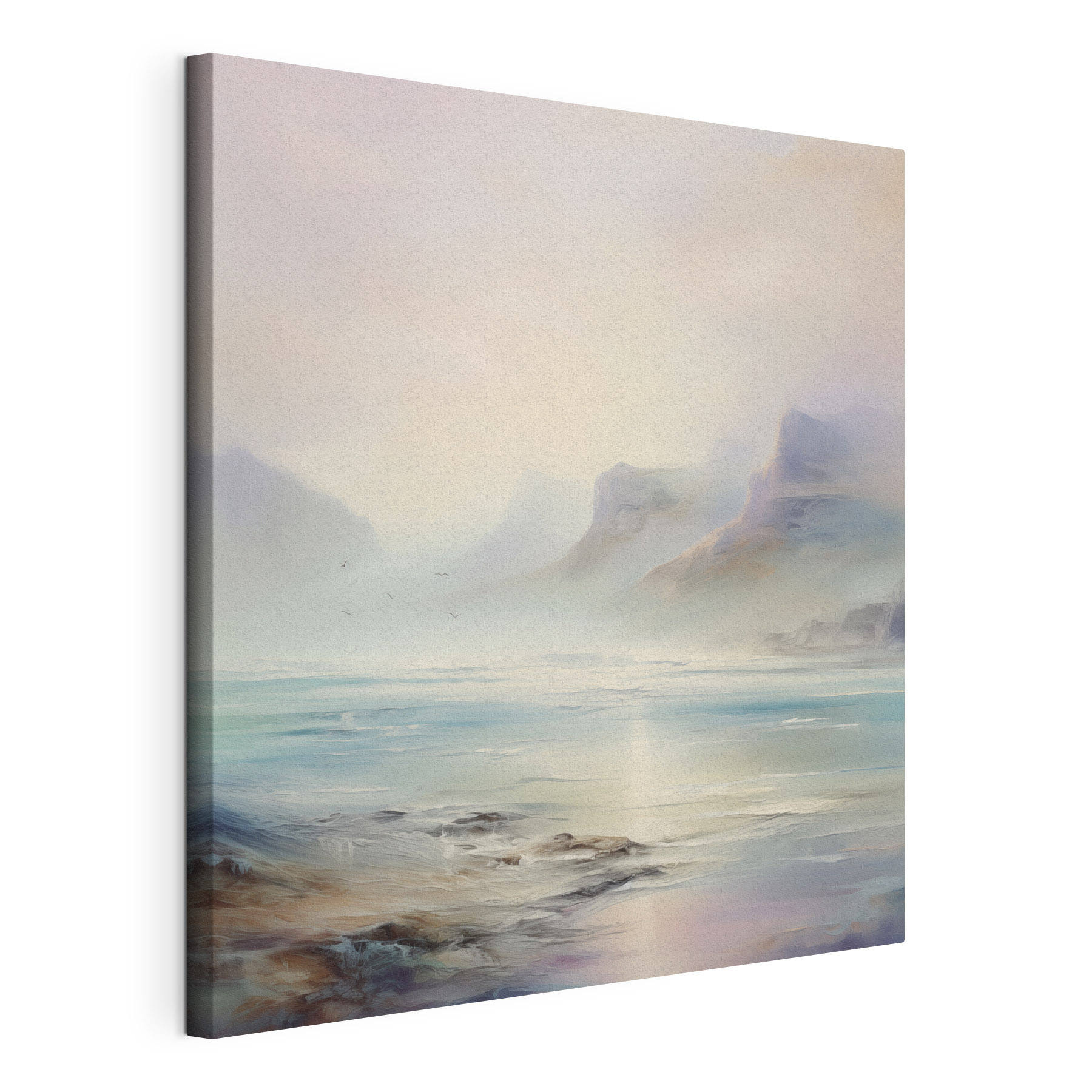 Painting of a landscape with mountains and water