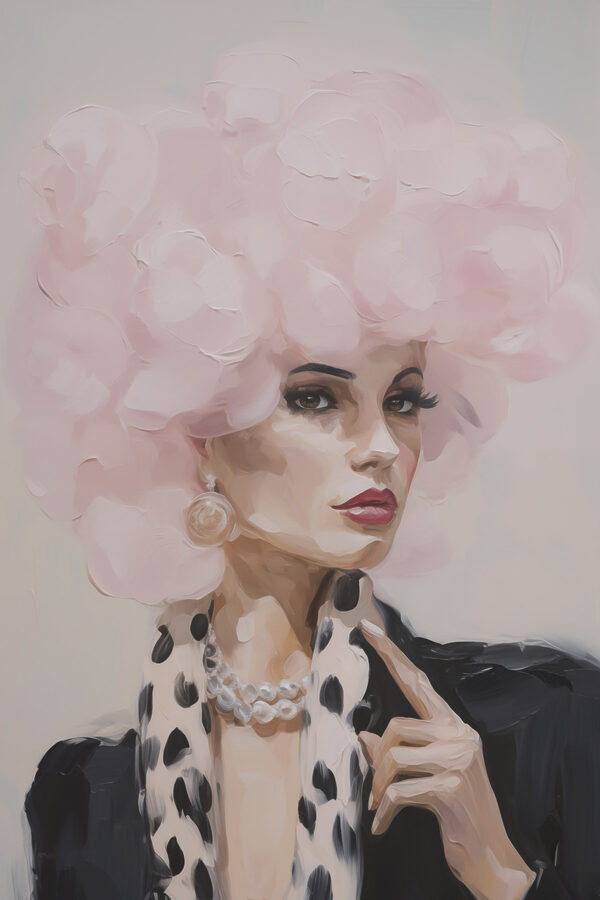 Painting of a woman with a pink fluffy hair