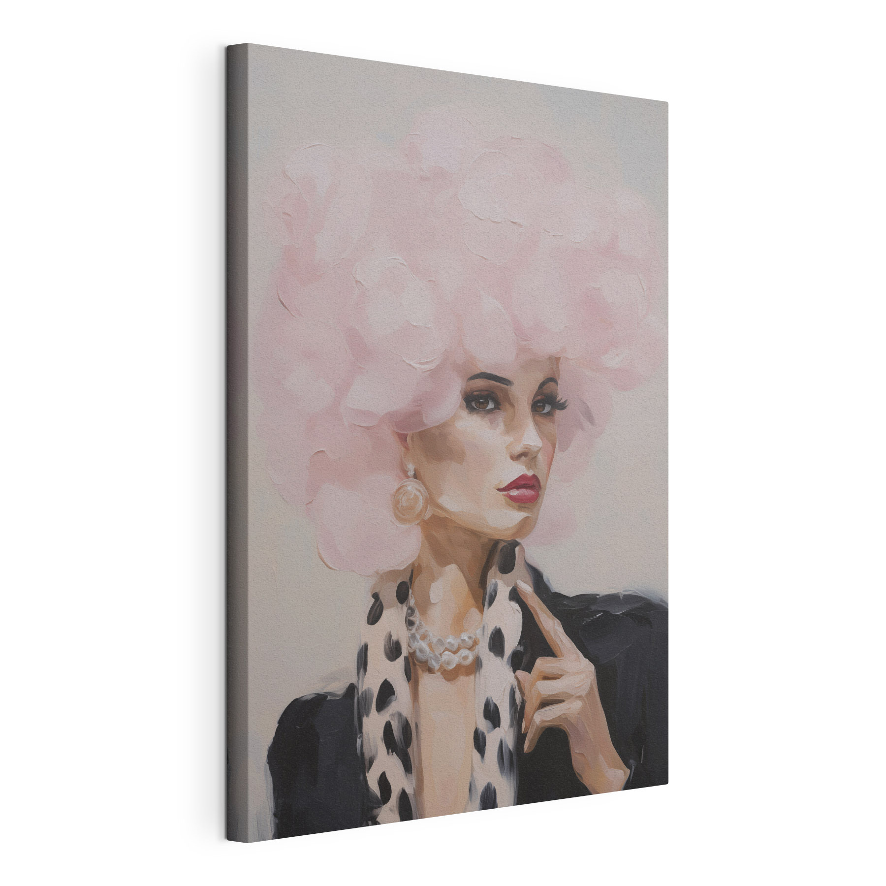 Painting of a woman with a pink fluffy hair