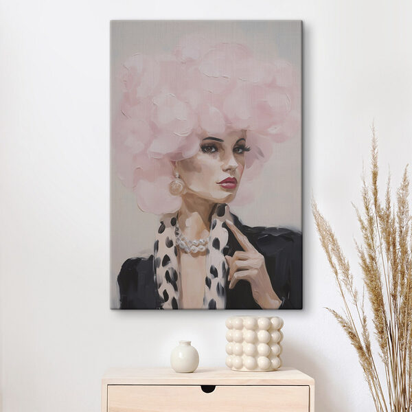 Painting of a woman with a pink fluffy hair