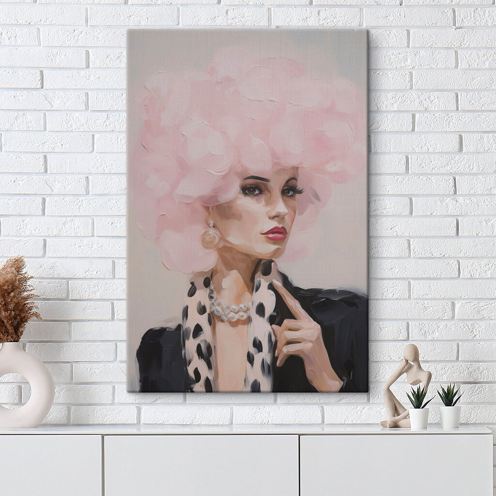 Painting of a woman with a pink fluffy hair