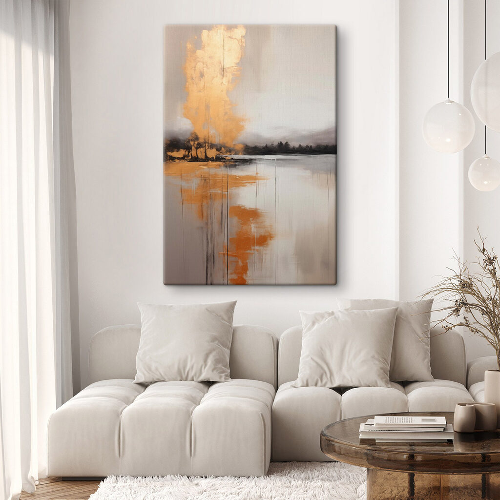 Painting of a lake with trees and fog Painting of a lake with trees and fog