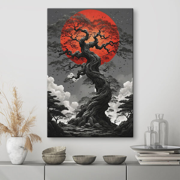 Tableaux Tableaux Arbre avec un soleil rouge en arrière-plan (UGS : s45485)