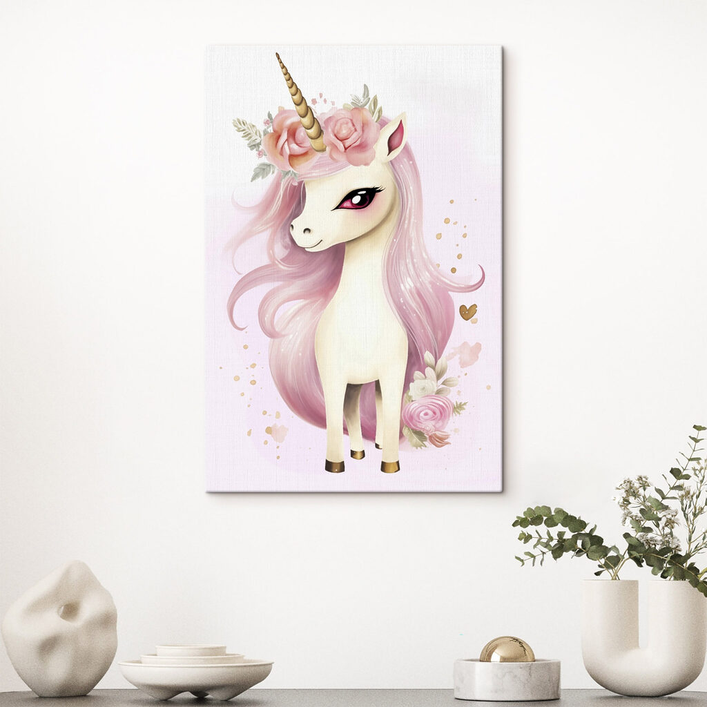 Unicorn with pink hair and flowers