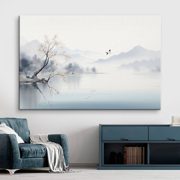 Tableaux Un oiseau survolant un lac