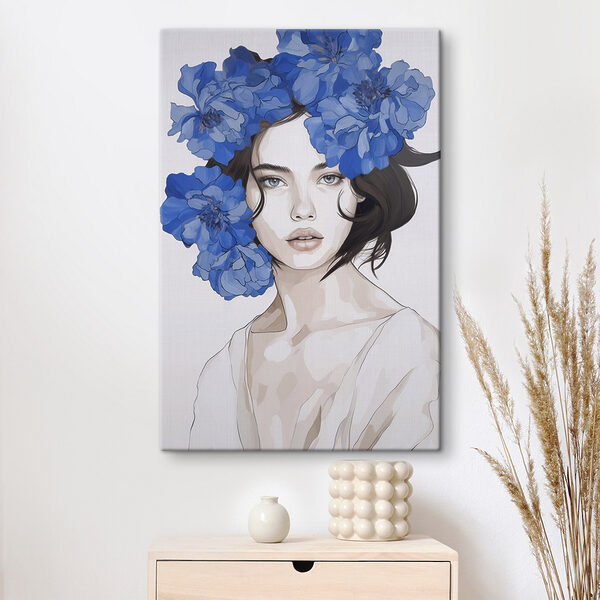 Tableaux Tableaux Femme avec des fleurs bleues sur la tête (UGS : s45756)