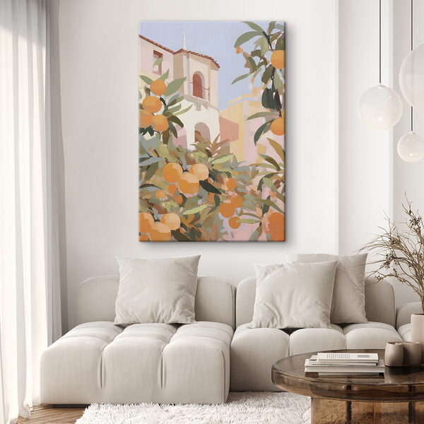 Tableaux Tableaux Des oranges poussant sur un arbre, avec des immeubles en arrière-plan (UGS : s46060)