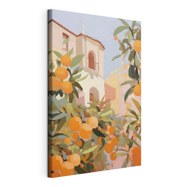 Des oranges poussant sur un arbre, avec des immeubles en arrière-plan Tableaux Des oranges poussant sur un arbre, avec des immeubles en arrière-plan