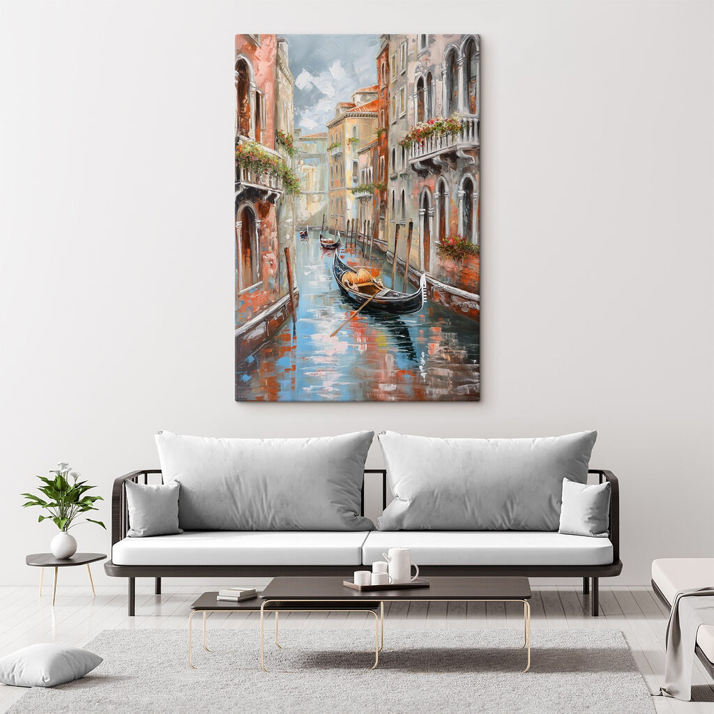 Painting of a canal with a gondola in the middle of a city