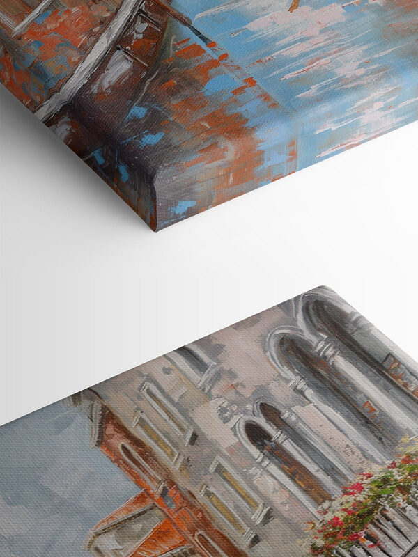 Painting of a canal with a gondola in the middle of a city