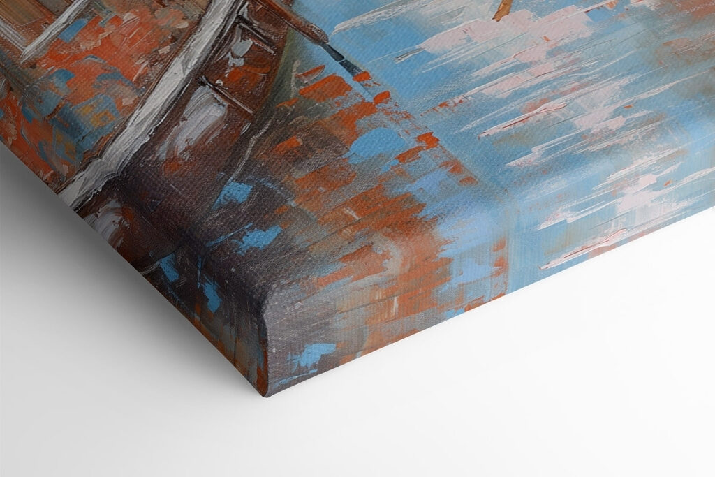 Painting of a canal with a gondola in the middle of a city