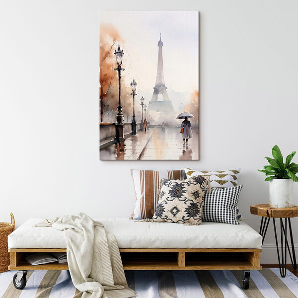Tableaux Tableaux Aquarelle représentant une personne tenant un parapluie devant une tour (UGS : s45930)